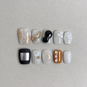 Faux Ongles R¡§|utilisables MIBLAB noir, blanc et dor¡§| effet marbr¡§|, Press-On Nails Artistiques Gen¡§¡§ve